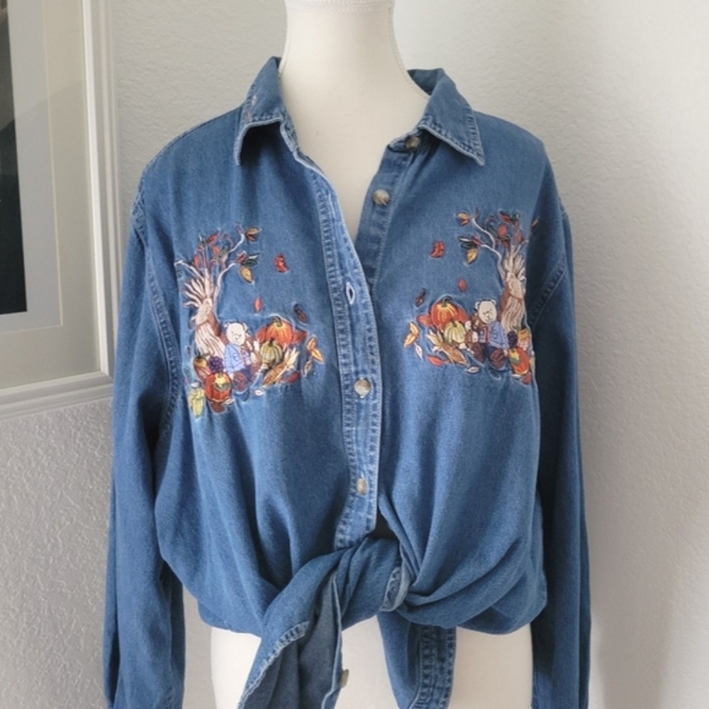 Fall Autumn Embroidered 18W 20W Chambray Denim Button-up Pumpkins Bears 90s Y2K